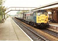 1 a class 31 diesel loco circa 1979/80 on an Oldham Loop service to Southport or Blackpool.  R S Greenwood.